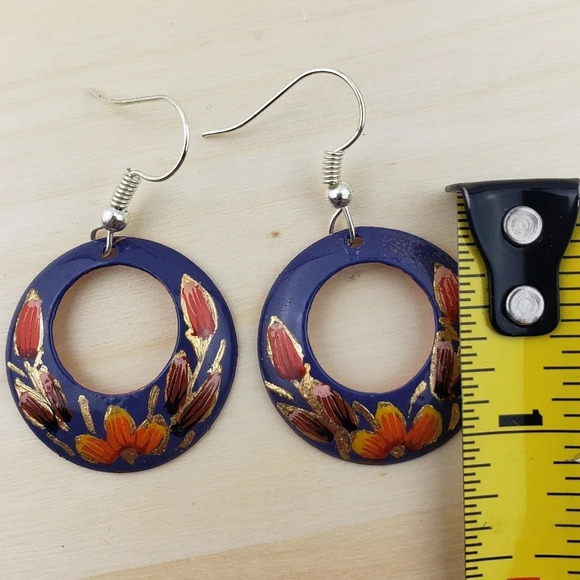 HANDMADE Dangle Earrings Mexican Copper Hand Painted Purple Floral Multicolor - Picture 4 of 5